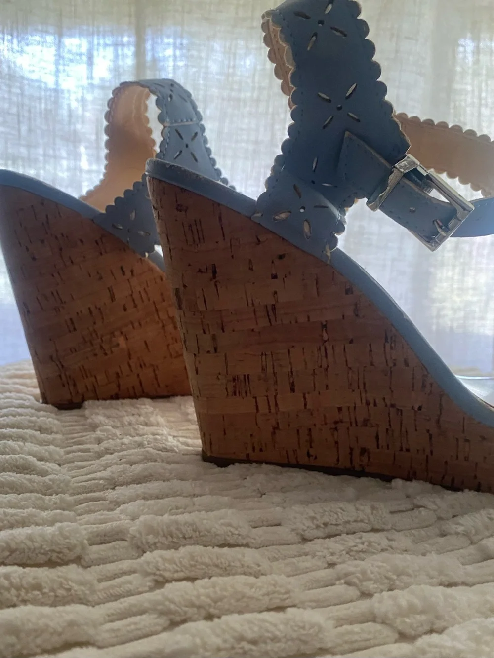 Jessica Simpson Jazziah Powder Blue Scalloped Laser Cut Cork Wedge Sandals